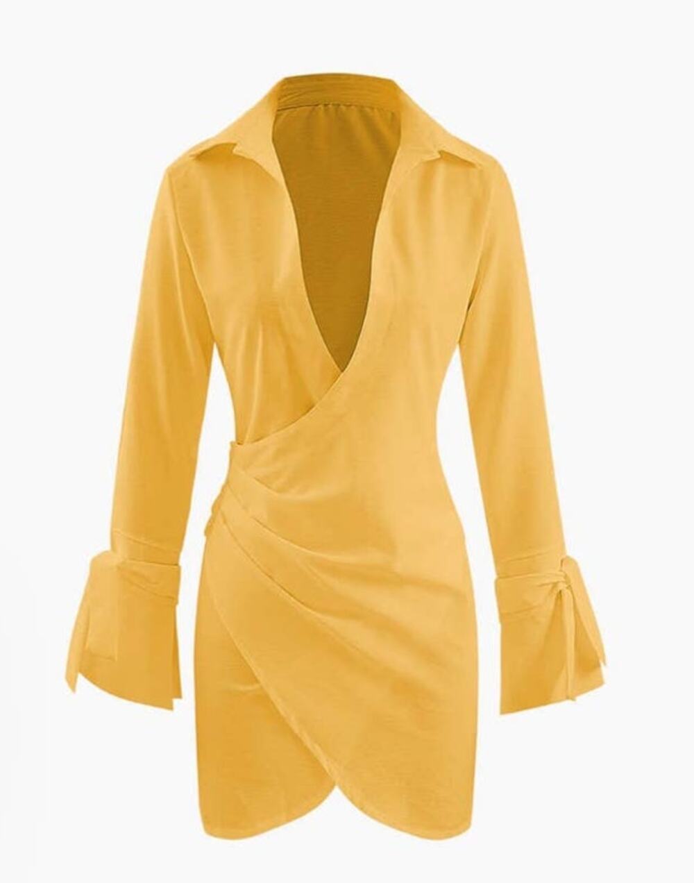 Micas Mustard Crepe Deep V-neck Wrap Dress - XXL